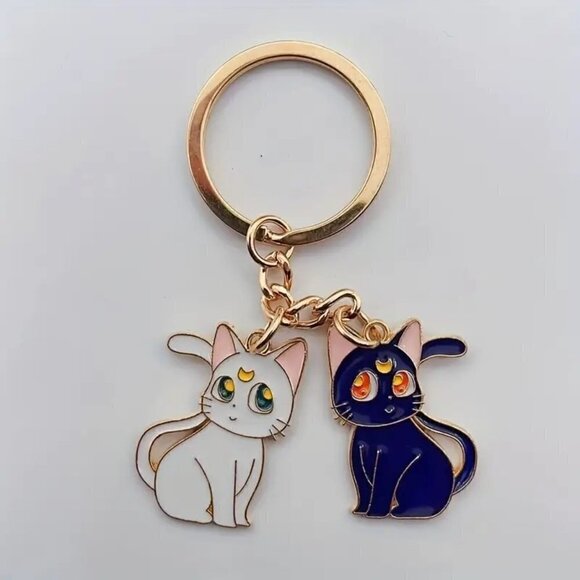 Fashion Jewelry Accessories - Twin Cat Moon Witchy Wiccan Goth Sailor Moon Keychain for Keys Bookbag